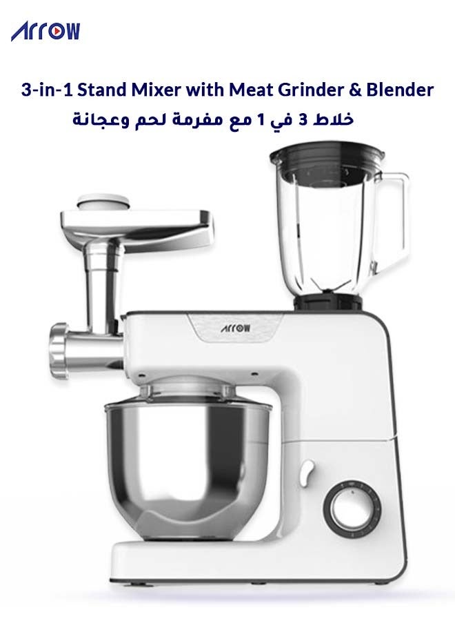 ارو خلاط ستاند 3 في 1، 1000 وات | مفرمة لحم | سعة 5.2 لتر | جسم من الفولاذ المقاوم للصدأ| تروس معدنية كاملة ومحرك نحاسي | لون أبيض |8 سرعات | أقدام مضادة للانزلاق |سهلة التنظيف | اسم الموديل: RO-06SMB - Image 1